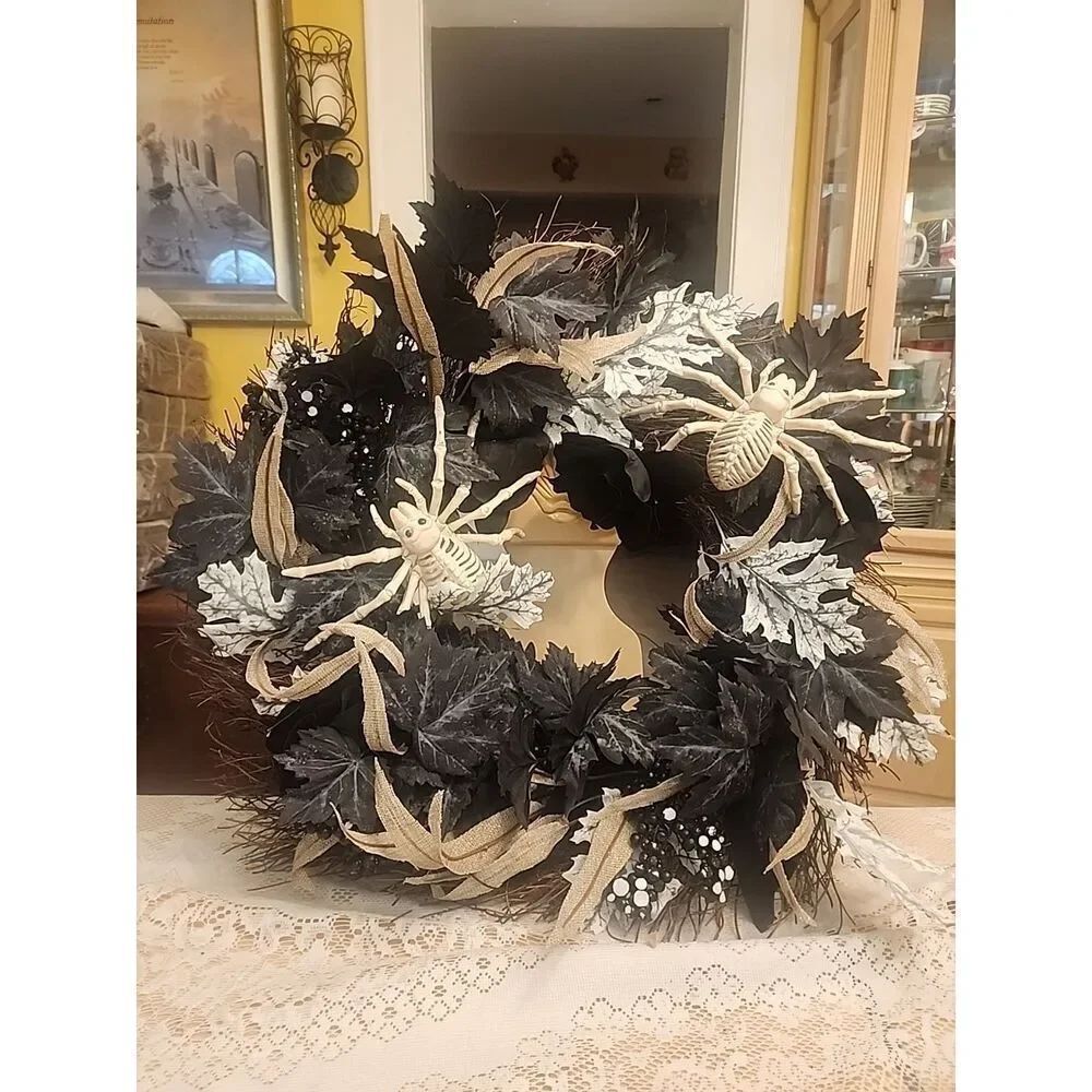 Halloween Gothic Black Floral And Spiders Twig Vine Wraeth 24"